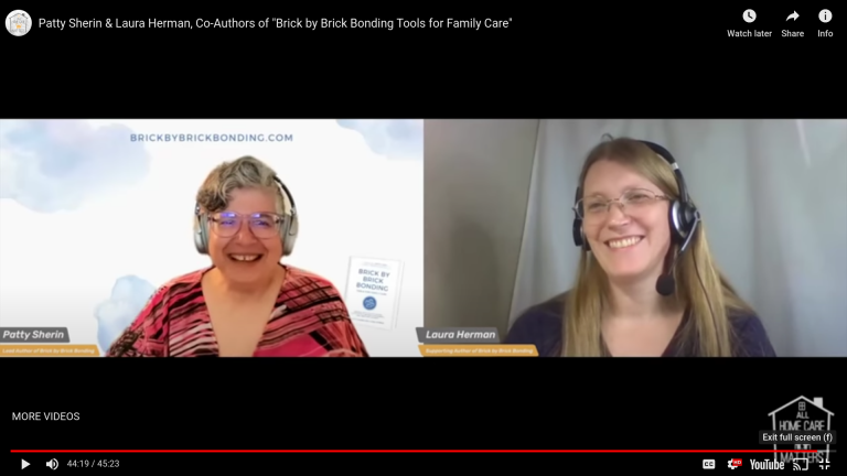 Authors Patty Sherin and Laura Herman smile on screen on the All Home Care Matters podcast